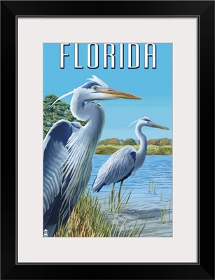 Blue Herons in grass - Florida: Retro Travel Poster