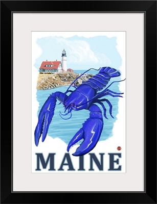 Blue Lobster and Portland Lighthouse - Maine: Retro Travel Poster