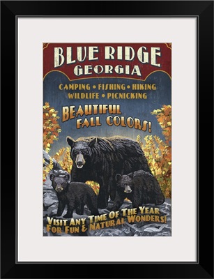 Blue Ridge, Georgia - Black Bear Family Vintage Sign: Retro Travel Poster