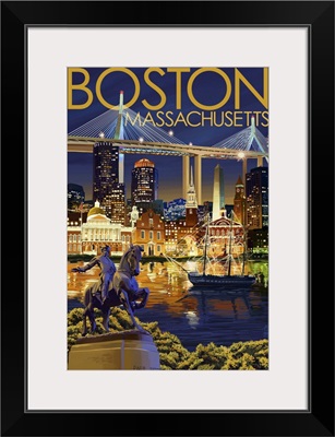 Boston, Massachusetts - Skyline at Night: Retro Travel Poster