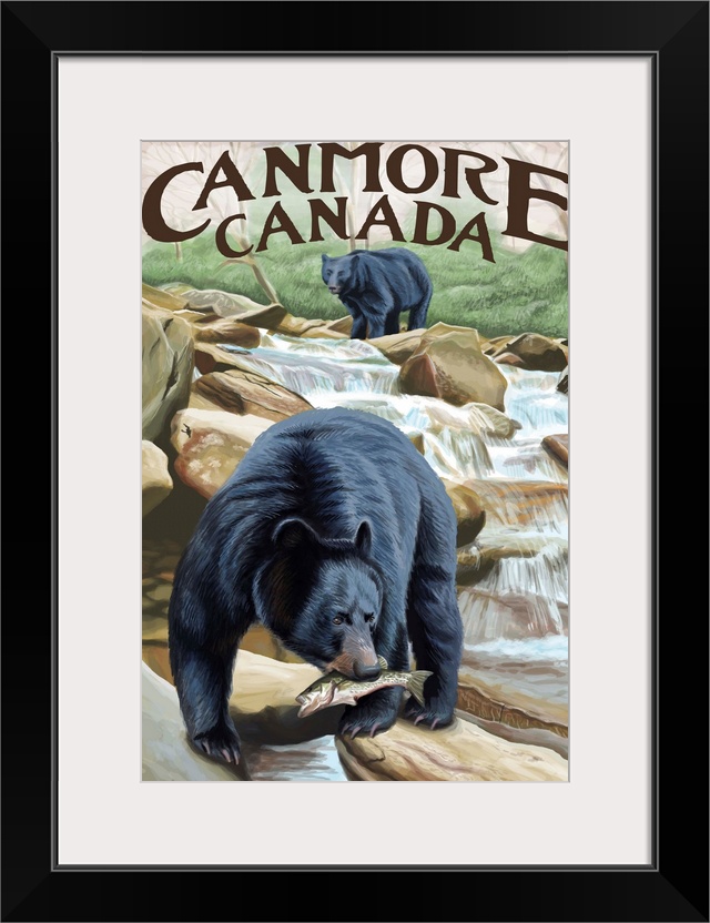 Retro stylized art poster of a black bear catching fish from a stream in the wild.