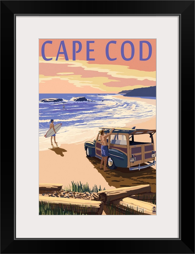 Retro stylized art poster of a vintage woody wagon with surfers on the beach at sunset.