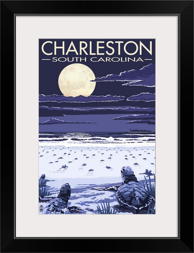 Retro stylized art poster of baby sea turtle hatchlings making their way to the ocean at night.