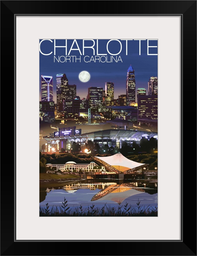 Retro stylized art poster of a city skyline at night.