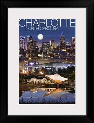 Charlotte, North Carolina - Skyline at Night: Retro Travel Poster