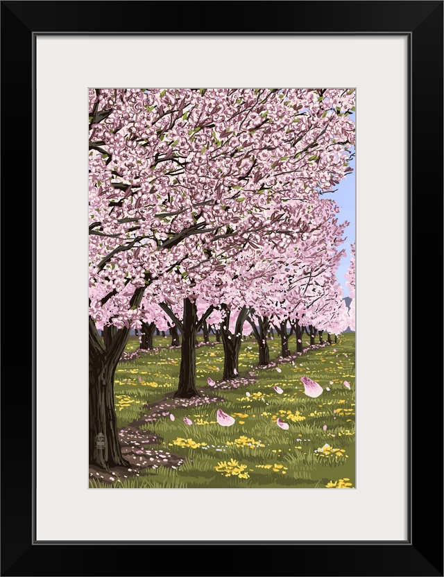 Retro stylized art poster of a cherry blossom orchard in full bloom, with lush green grass.