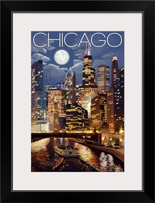 Chicago, Illinois - Skyline at Night: Retro Travel Poster