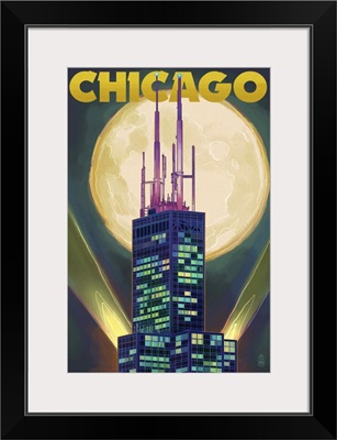 Chicago, Illinois - Willis Tower and Full Moon: Retro Travel Poster