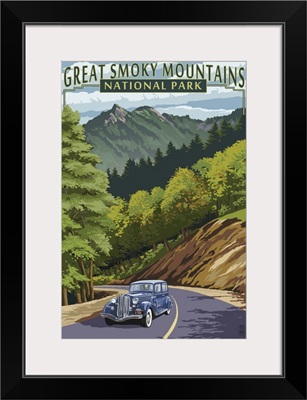 Chimney Tops and Road - Great Smoky Mountains National Park, TN: Retro Travel Poster