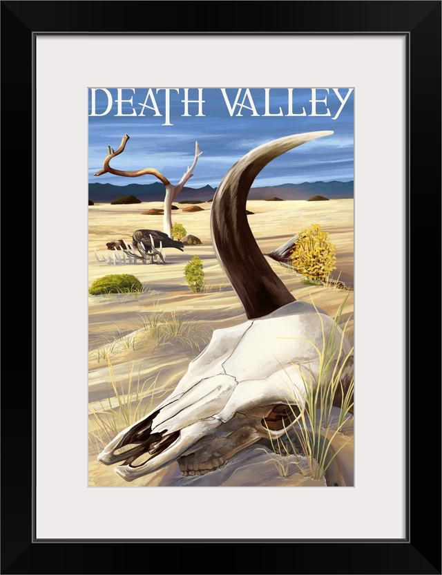 Retro stylized art poster of a bull skull laying in the sand of a dry desert.