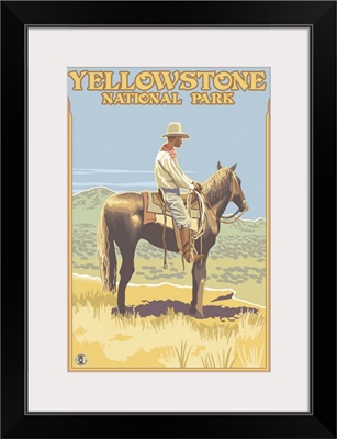 Cowboy on Horseback - Yellowstone National Park: Retro Travel Poster