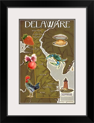 Delaware Map and Icons: Retro Travel Poster