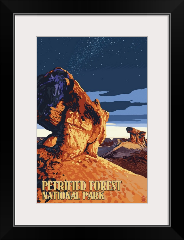 A retro stylized art poster of a landscape scene from the majestic landformations of this preserved land.