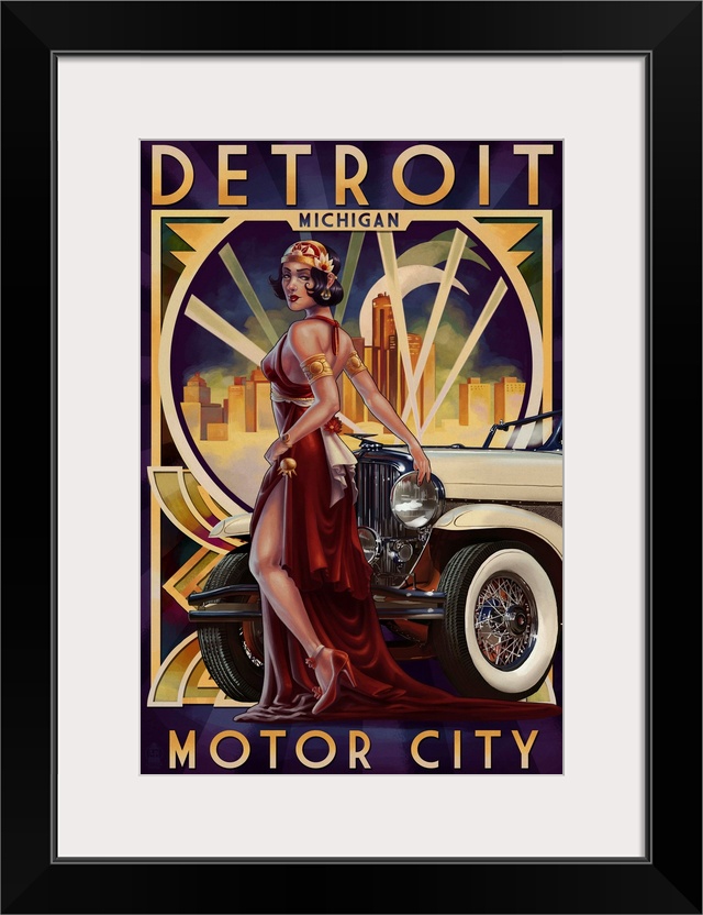 A stunning art deco style portrait of a glamorously dressed woman leaning against an antique automobile. Perfect for any v...