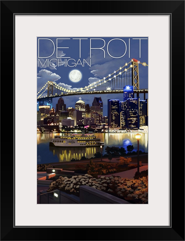 Detroit, Michigan - Skyline at Night: Retro Travel Poster