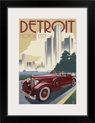 Detroit, Michigan - Vintage Car and Skyline: Retro Travel Poster