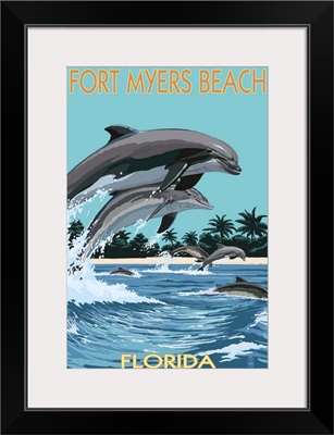 Dolphins Jumping - Fort Myers Beach,  Florida: Retro Travel Poster