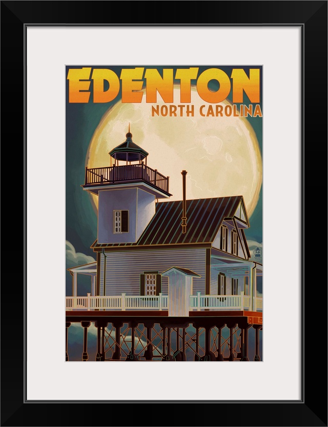 Edenton, North Carolina - Lighthouse and Moon: Retro Travel Poster