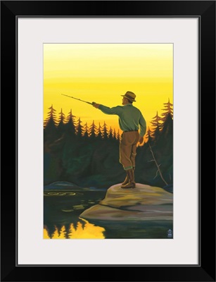 Fisherman Casting: Retro Poster Art