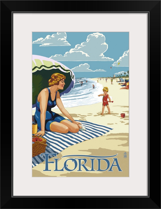 Retro stylized art poster of a beach scene, with a woman sitting on a blanket under a an umbrella.