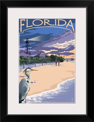 Florida - Lighthouse and Blue Heron Sunset: Retro Travel Poster