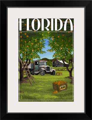Florida - Orange Grove with Truck: Retro Travel Poster