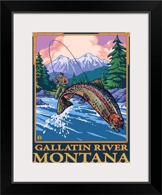 Fly Fishing Scene - Gallatin River, Montana: Retro Travel Poster