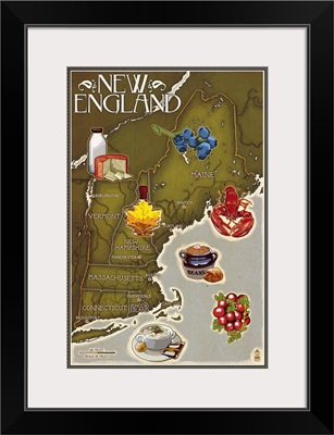Foods of New England Map: Retro Travel Poster