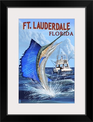 Ft. Lauderdale, Florida - Sailfish Scene: Retro Travel Poster