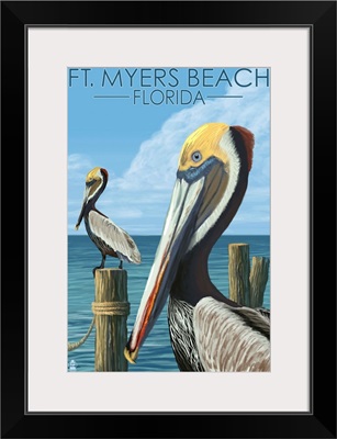 Ft. Myers Beach, Florida - Pelicans: Retro Travel Poster