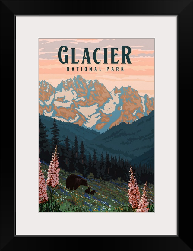 Glacier National Park, Bear and Cubs: Retro Travel Poster