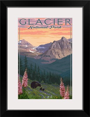 Glacier National Park, Bear & Cubs: Retro Travel Poster