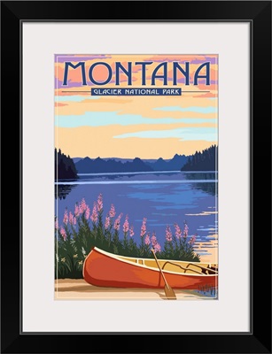 Glacier National Park, Canoe: Retro Travel Poster