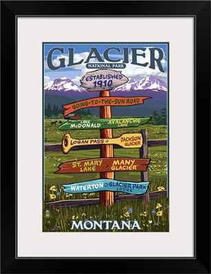 Glacier National Park, Destination Sign: Retro Travel Poster