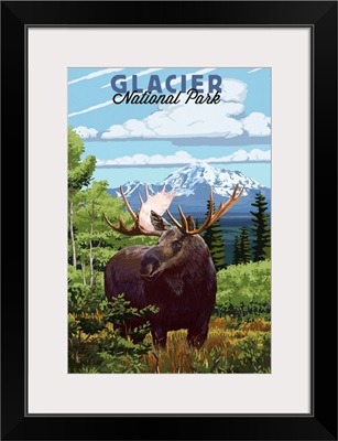 Glacier National Park, Moose: Retro Travel Poster