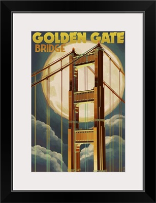 Golden Gate Bridge and Moon - San Francisco, CA: Retro Travel Poster