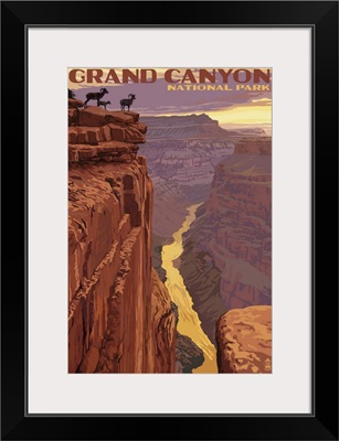 Grand Canyon National Park - Bighorn Sheep on Point: Retro Travel Poster
