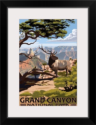 Grand Canyon National Park - Elk and Point Imperial: Retro Travel Poster