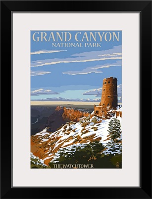 Grand Canyon National Park - Watchtower and Snow: Retro Travel Poster