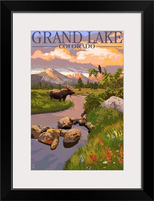 Grand Lake, Colorado - Moose and Meadow: Retro Travel Poster