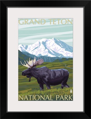 Grand Teton National Park - Moose and Mountain: Retro Travel Poster