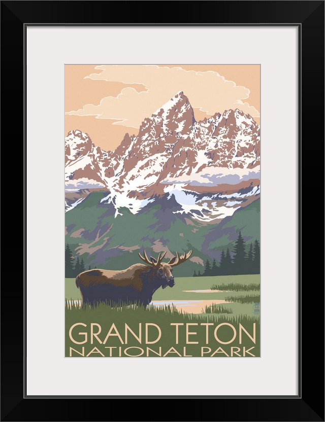 Grand Teton National Park - Moose and Mountains: Retro Travel Poster