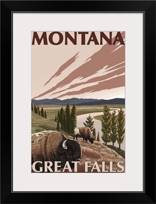 Great Falls, Montana - Bison and River: Retro Travel Poster
