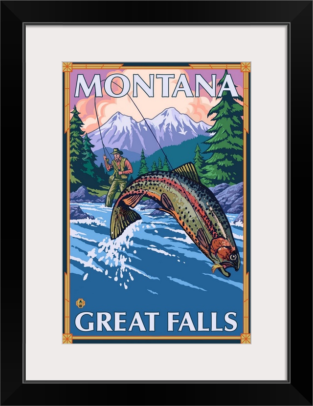 Great Falls, Montana - Fisherman: Retro Travel Poster