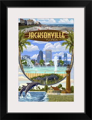 Jacksonville, Florida - Montage Scenes: Retro Travel Poster
