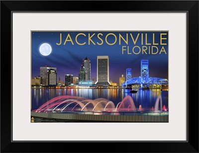 Jacksonville, Florida - Skyline at Night: Retro Travel Poster