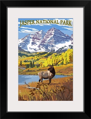 Jasper National Park, Moose In Field: Retro Travel Poster