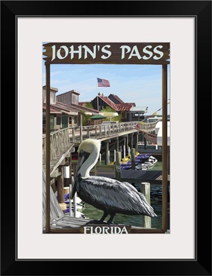 John's Pass, Florida - Pelican and Dock: Retro Travel Poster