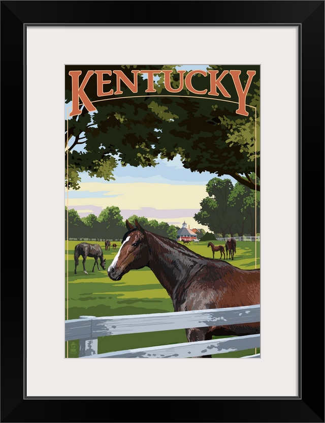 Retro stylized art poster of a field of horses, with a white picket fence in the foreground.