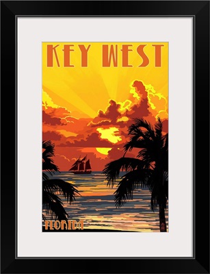 Key West, Florida - Sunset and Ship: Retro Travel Poster